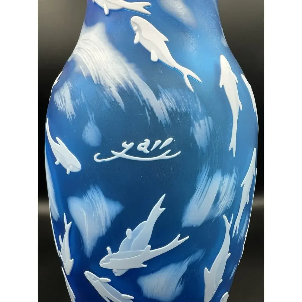 Emile Galle Reproduction Blue Cameo Glass Vase with White Fish 14” Coastal Decor